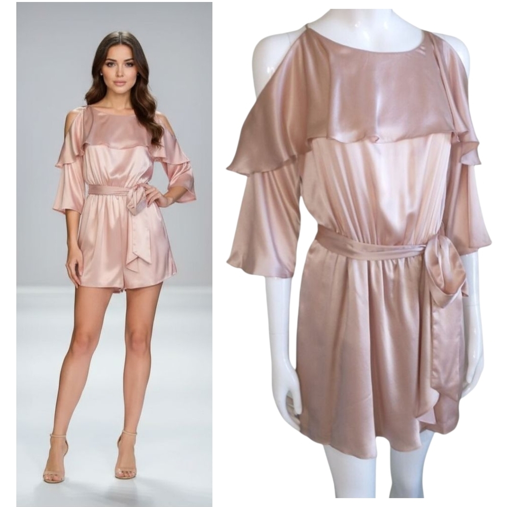 Rachel Zoe Catrina Silk Romper Women's size 8 Pink Rose Satin 3/4 Sleeve Pockets